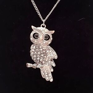Silver Tone Rhinestone Encrusted Owl Pendant Necklace